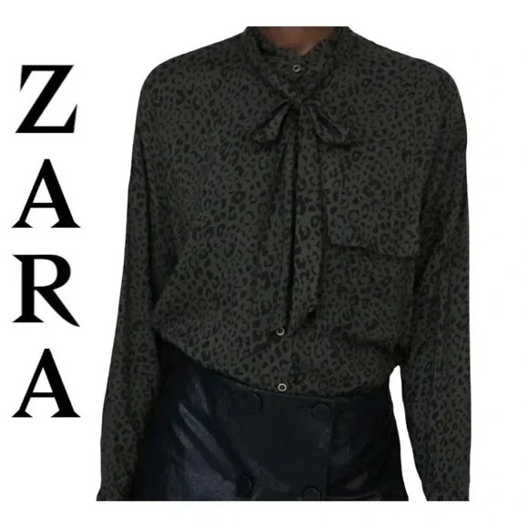 Zara animal leopard print khaki button down shirt size XS - Picture 2 of 12